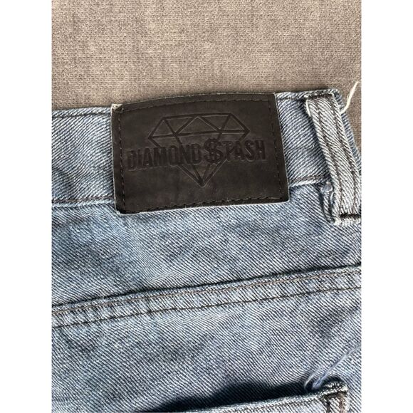 Moto Biker Jeans Mens 44‎ BluebLight Wash Straight Leg Distressed Stitch Detail - Picture 10 of 11